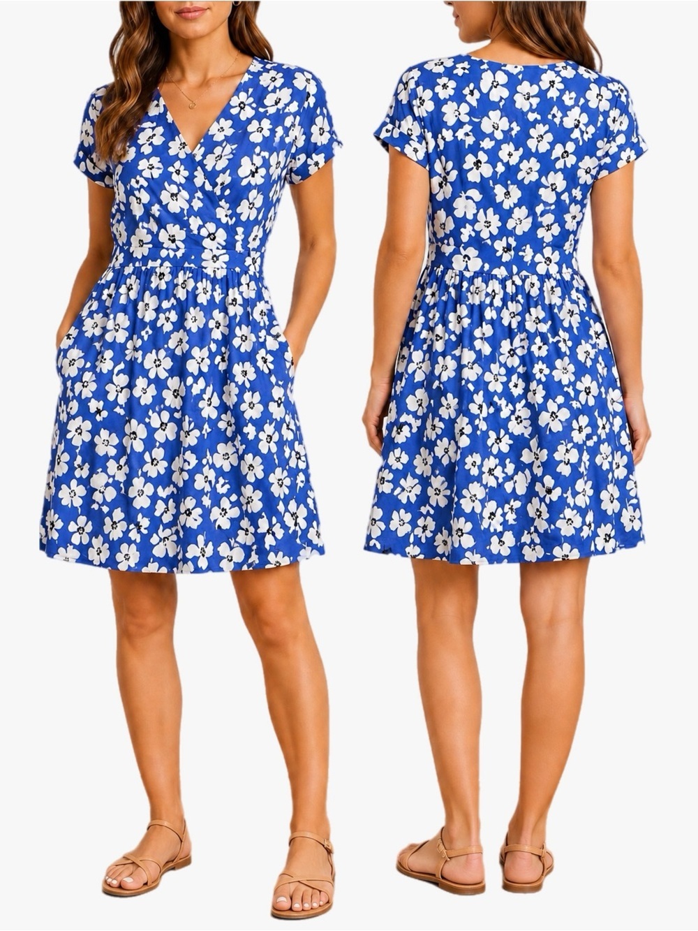 Who What Wear Women’s Size Small Blue White Floral Wrap V-Neck Midi Dress